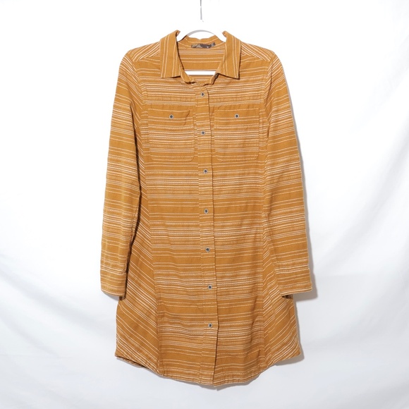 Prana  Dyri Dress Antique Bronze Button Down Aztec Boho Stripes SIZE M - Picture 2 of 7